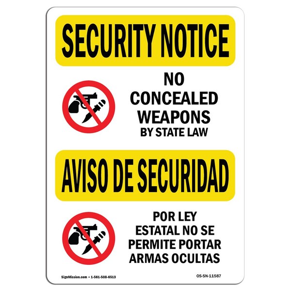 Signmission OSHA Security Sign, 5" Height, 7" Width, No Concealed Weapons Bilingual, Landscape, SN-D-57-L-11587 OS-SN-D-57-L-11587 - main
